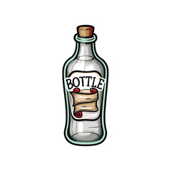 Editable vector illustration of a glass bottle containing a rolled-up message, featuring clean lines and a customizable stroke.