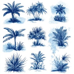 Blue Ink Drawings of Various Tropical Palm Trees