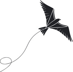 Fototapeta premium Minimalistic Black Silhouette of a Flying Kite | Airborne Adventure, Play, and Freedom Concept Vector Illustration | Hand-Drawn Outdoor Activity Artwork, Symbolizing Joy, Leisure, and Childhood Fun in