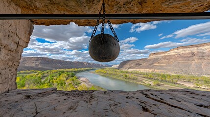 Scenic View of River and Landscape Through Stone Arch with Hanging Object