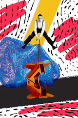 Vertical art collage of astonished man jump umbrella remover school education tool university autumn on colorful design background