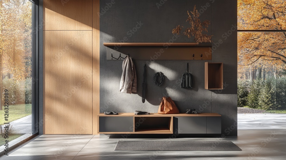 Poster modern multifunctional entryway with a foldable bench, wall hooks, and storage compartments for both
