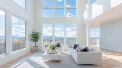 Naklejka premium A spacious living room bathed in natural light streaming through large windows, highlighting the clean lines of modern furniture and creating a bright and airy atmosphere.