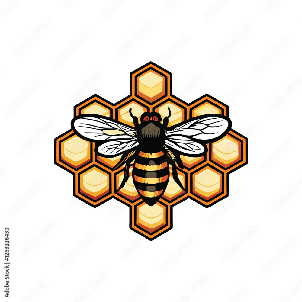 Poster create an editable stroke vector illustration of a bumblebee collecting honey from a honeycomb. focu
