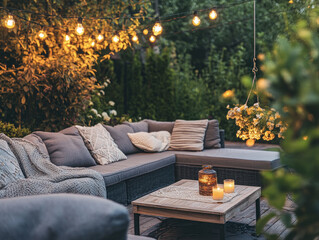 Cozy Outdoor Lounge with String Lights and Wooden Furniture