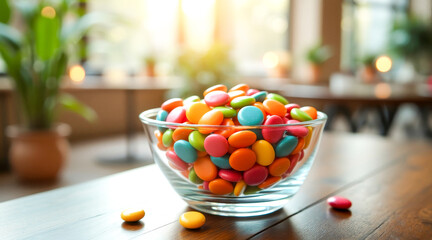 glass bowl filled with colorful candies on a wooden table