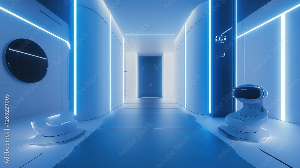 Poster modern vr setup with a wide open floor area, motion sensor stations on walls, and a minimalist desig