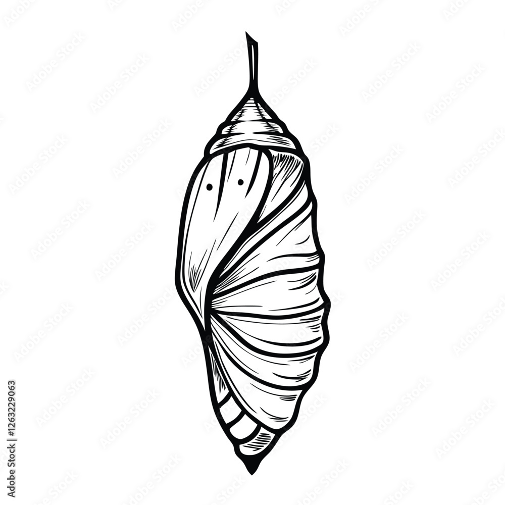 Poster create an editable stroke vector graphic of a butterfly emerging from its chrysalis, showcasing intr