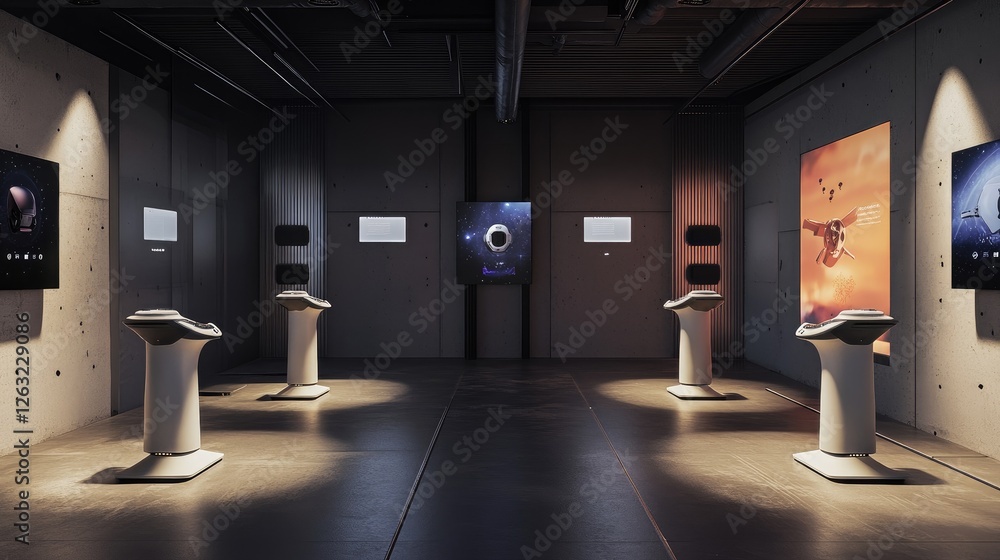 Poster modern vr setup with a wide open floor area, motion sensor stations on walls, and a minimalist desig