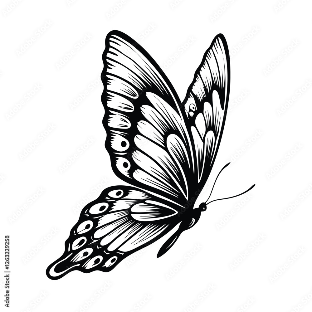 Poster create a high-resolution, editable stroke vector graphic of a butterfly in mid-flight, showcasing in