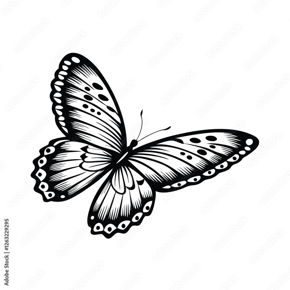 Poster create a high-resolution vector illustration of a butterfly in mid-flight, with editable strokes for