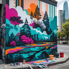Vibrant Street Art Mural of Futuristic Cityscape – Urban Wall Graffiti Design, Generated with AI