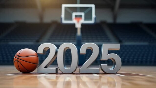 Basketball on the sports arena with silver 3D number 2025 video intro for news about all basketball sporting events