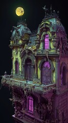Nighttime Gothic Mansion, overgrown balcony, moonlit sky, fantasy setting, game asset