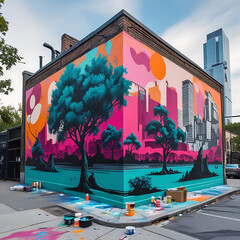 Vibrant Street Art Mural of Futuristic Cityscape – Urban Wall Graffiti Design, Generated with AI