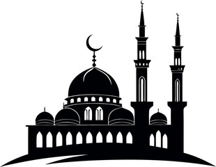 Minimalistic Black Silhouette of a Mosque | Ramadan and Eid Concept Vector Illustration | Hand-Drawn Islamic Architecture Artwork | Holy Worship Place, Spirituality, and Religious Celebration Design