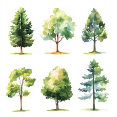 Fototapeta premium Watercolor Paintings Of Six Different Types Of Trees