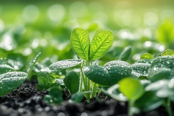 Young soybean sprouts with dewdrops, organic farming, sustainable agriculture.