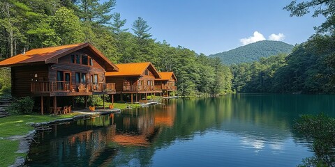 Fototapeta premium Scenic view of wooden cabins by a peaceful lake surrounded by mountains in a forest during sunny weather