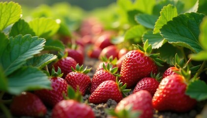 A bountiful strawberry patch overflowing with berries, produce, harvest