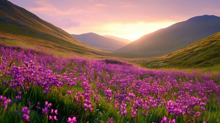 Fototapeta premium Sun-Kissed Mountain Meadow: A vibrant tapestry of wildflowers blossoms beneath a golden sunrise, painting a picturesque landscape in shades of pink, purple, and green.