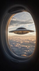 Naklejka premium A realistic view of a flying saucer seen through an airplane window, hovering above clouds and city lights below. Sci-fi concept