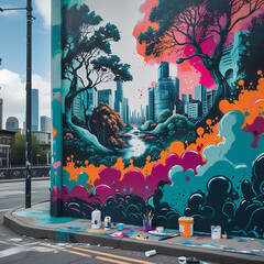 Vibrant Street Art Mural of Futuristic Cityscape – Urban Wall Graffiti Design, Generated with AI