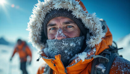 Frost-covered mountaineer at Everest summit, exuding determination and triumph.