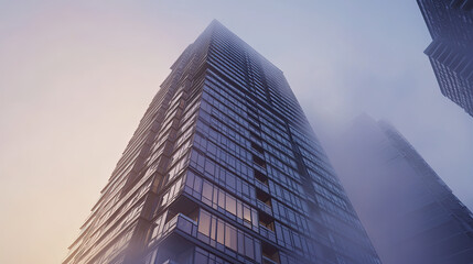 Naklejka premium Modern Urban Apartment Building with Reflections and Foggy Skyline