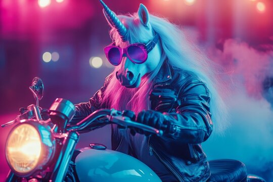 Mysterious unicorn biker wearing sunglasses and black leather jacket riding a motorcycle in a nightclub atmosphere with pink and blue neon lights and smoke