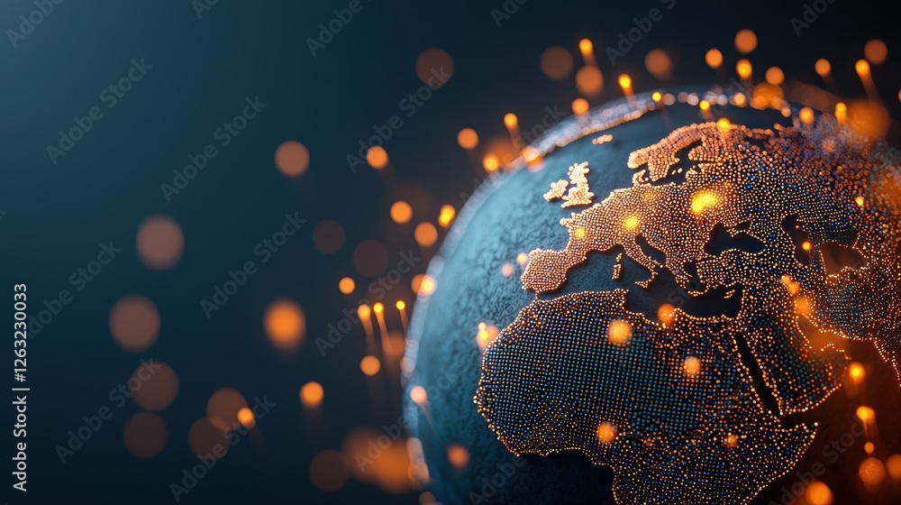 Poster a futuristic, holographic globe with animated location pins pulsing with data streams, representing 