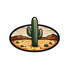Create an editable stroke vector illustration of a prickly pear cactus thriving in a vibrant desert scene, complete with sand dunes and clear blue sky.