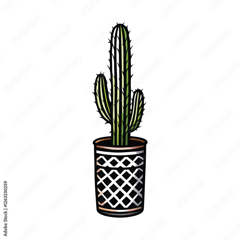 Poster create an editable stroke vector graphic of a desert cactus in a patterned pot, suitable for various