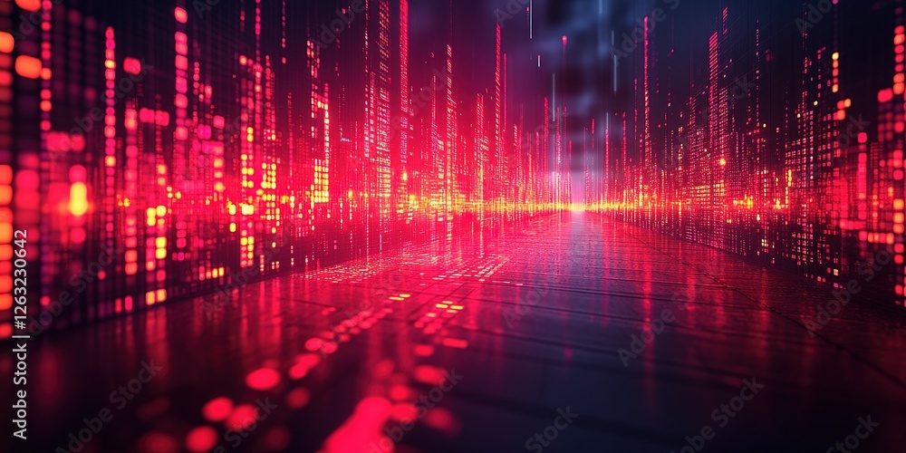 Poster dynamic digital landscape displaying vibrant red and pink light patterns in a futuristic environment