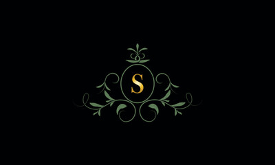 Stylish elegant logo with letter S on dark background. Sign for restaurant, emblem of jewelry, boutique, hotel, business.