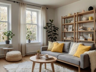 Modern Living Room With Gray Sofa And Wooden Shelving