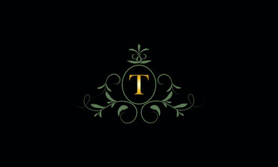 Stylish elegant logo with letter T on dark background. Sign for restaurant, emblem of jewelry, boutique, hotel, business.