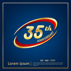 35th years anniversary celebration emblem. elegance anniversary golden logo with red ring on blue background. vector illustration template design for web, flyers, poster, greeting card