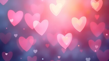 Dreamy heart bokeh background with glowing pink, purple, blue, and orange hues. Softly blurred, creating depth and movement. Whimsical, romantic, and ethereal design with copy space, blank space, and 