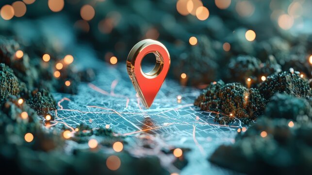 A 3D location pin emerging from a digital map, showcasing the integration of virtual and real world navigation, ideal for augmented reality applications or gaming interfaces.