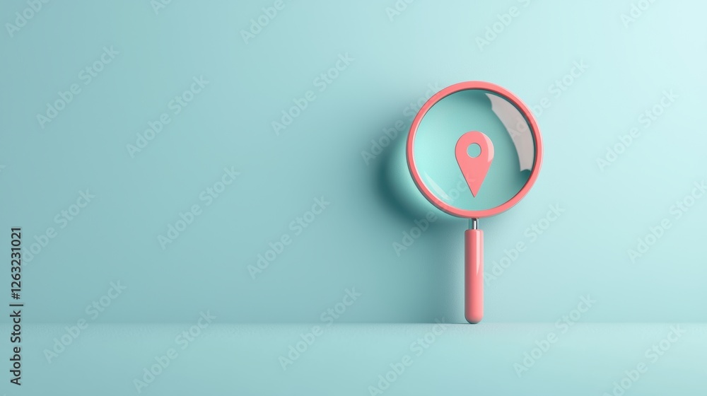 Poster a classic magnifying glass icon with a location pin positioned at the center of the lens, symbolizin