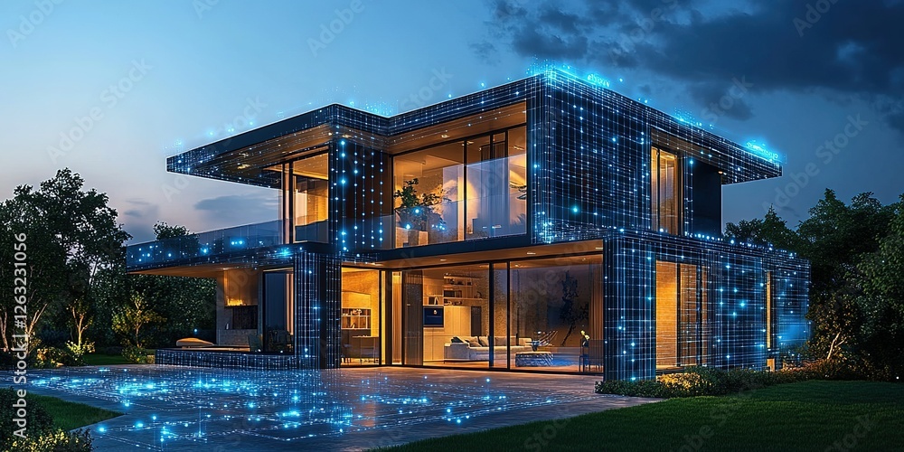 Poster modern house illuminated with digital light patterns at dusk, showcasing innovative architecture and