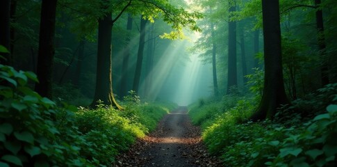 Obraz premium Dense foliage surrounds narrow path with misty veil, forest path, serene