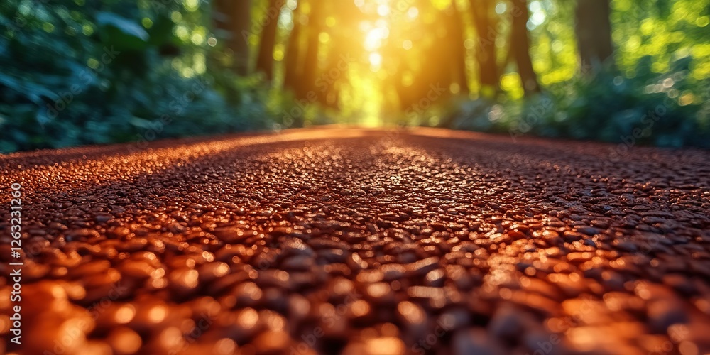 Poster sunlight glimmers on a textured dirt path surrounded by lush trees in a serene forest setting during