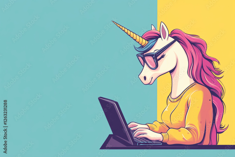Poster stylish unicorn freelancer working efficiently on a laptop, showcasing a blend of mythical charm and