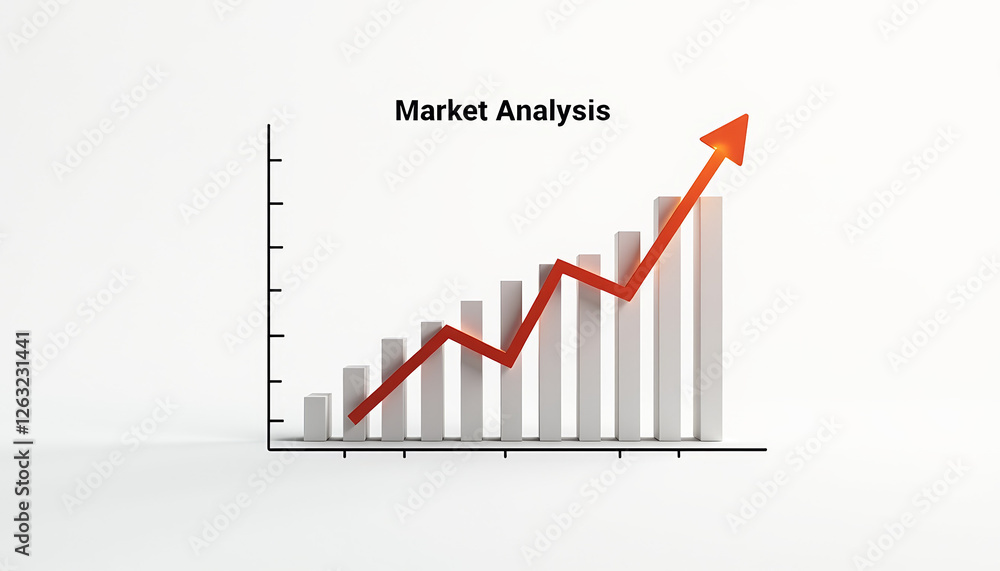 Poster minimalist design of a simple bar and line graph labeled market analysis on a plain white background