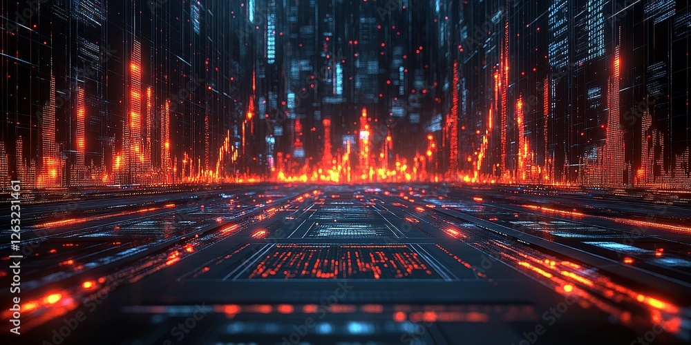 Poster visual representation of a futuristic digital landscape with glowing data streams and vibrant patter