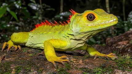 Obraz premium Vibrant Green Lizard with Spiky Red Crest in Lush Rainforest Setting