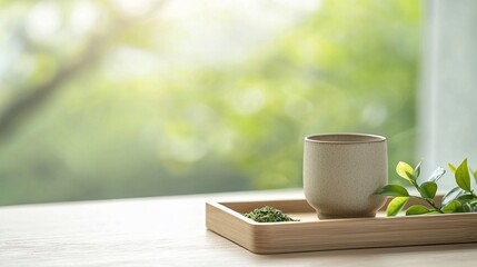 Preparing a Vibrant Green Matcha Shot in a Serene Nature Setting with a Small Ceramic Cup