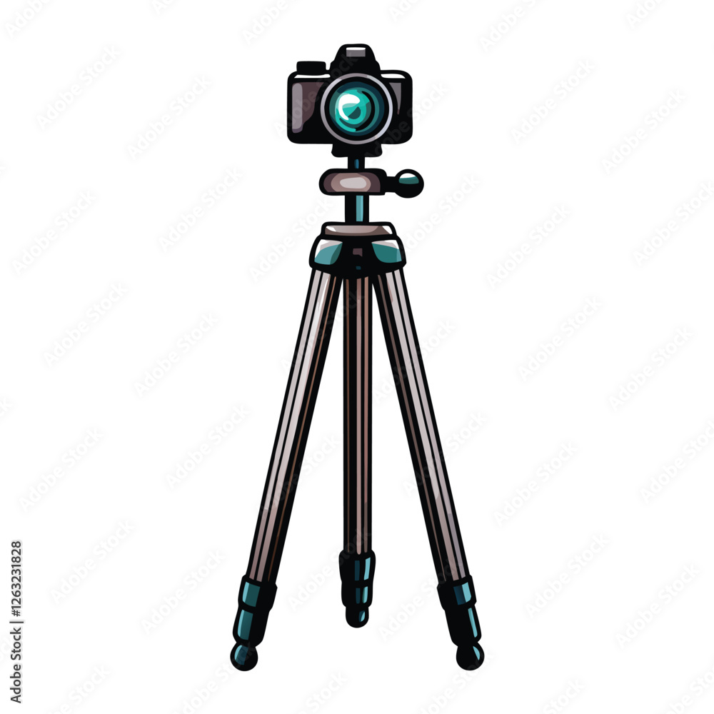 Poster create a clean, editable vector illustration of a professional camera tripod with a (1) indicating a